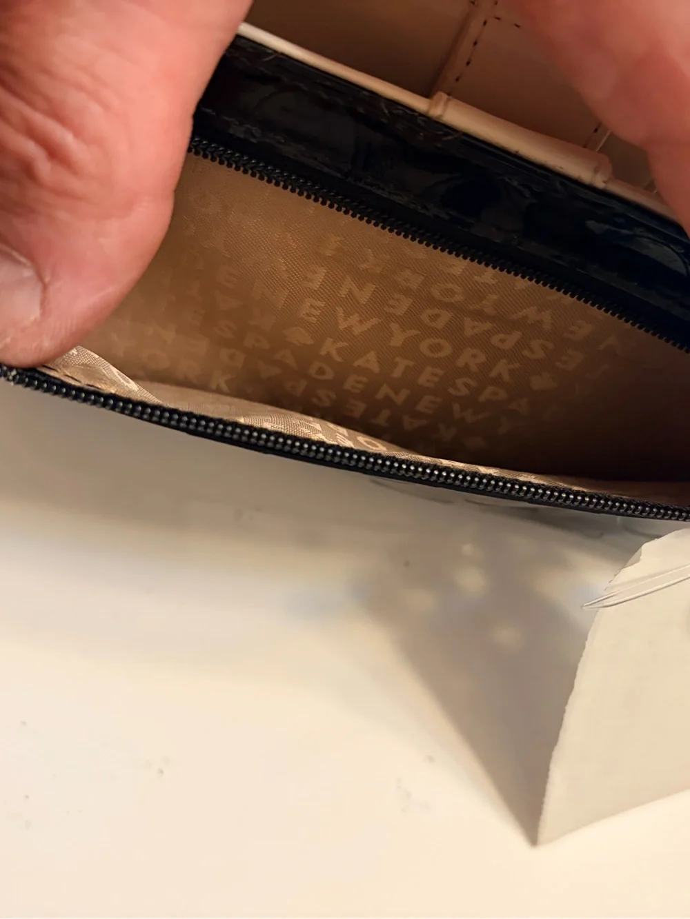 kate spade Black Patent Polka Dot Long Wallet with Tan Logo Plaque